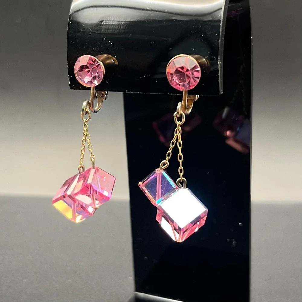 Vintage Pink AB Crystal‎ Cube Clip On Earrings Mid Century Geometric Drop 2